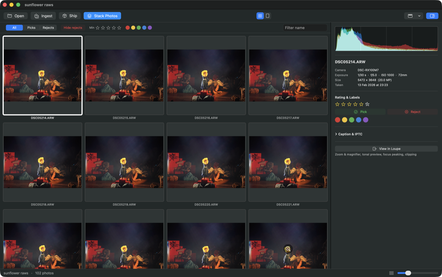 Glint View grid view — a card of stage photos, one selected