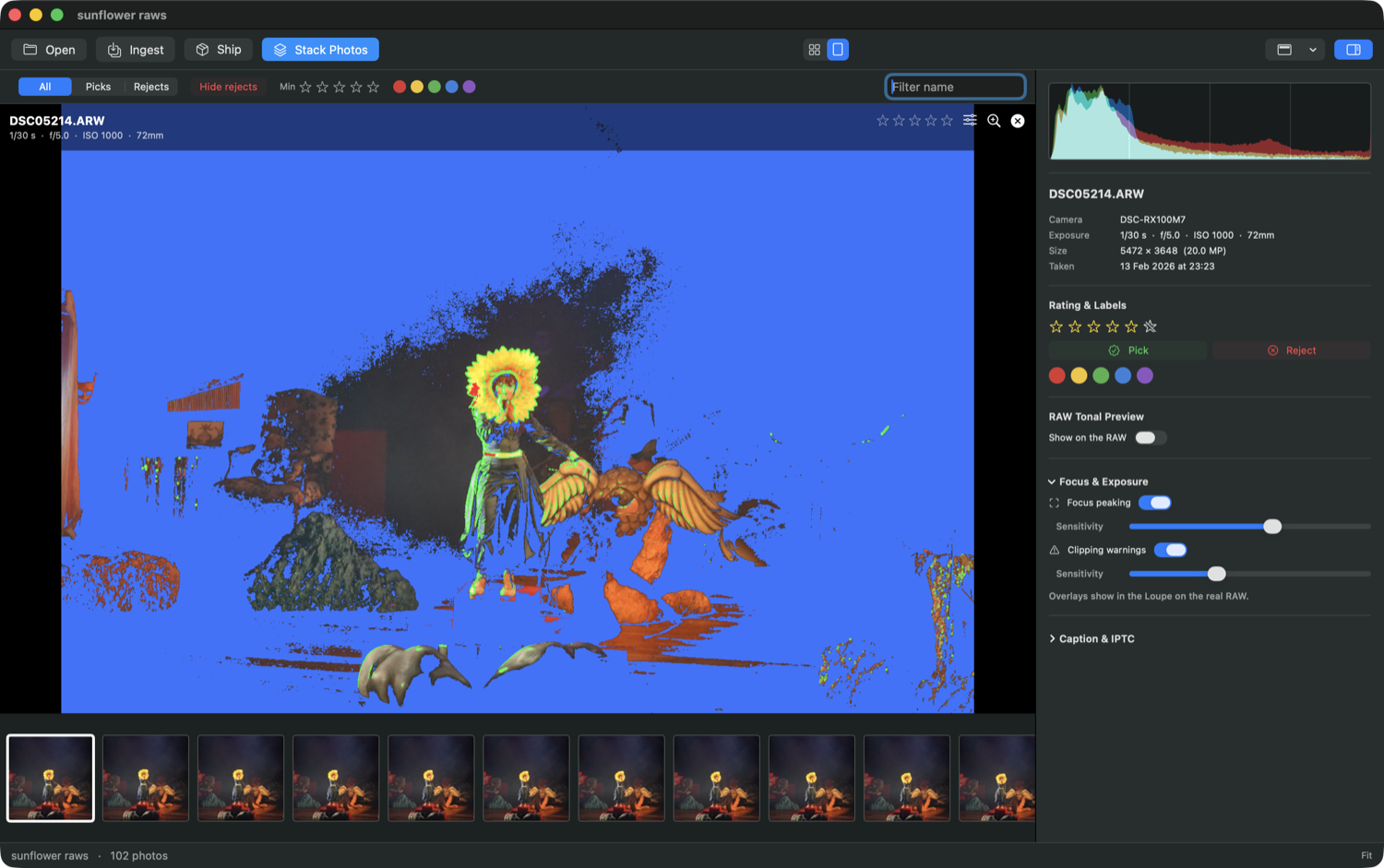 Glint View with focus peaking and clipping overlays